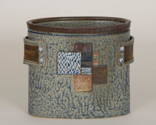 "Oval Container with Strap Handles" <br> Stoneware Clay<br>10"x13"