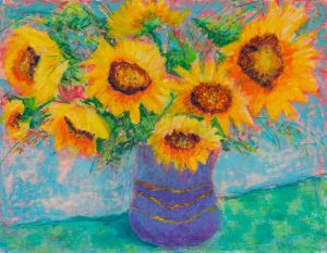 Pat-Olson-Sunflowers-in-Blue-Vase-Oil-Pastel