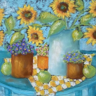"Sunflowers in Blue Vase"<br>  Pastels <br> 16x16