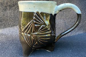 Barbara Shakal-Three footed mug-hand built ceramicsmug-5 -1_2” x 3 1_2 “