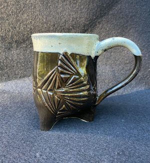 Barbara Shakal-Three footed mug-hand built ceramicsmug-5 -1_2” x 3 1_2 “