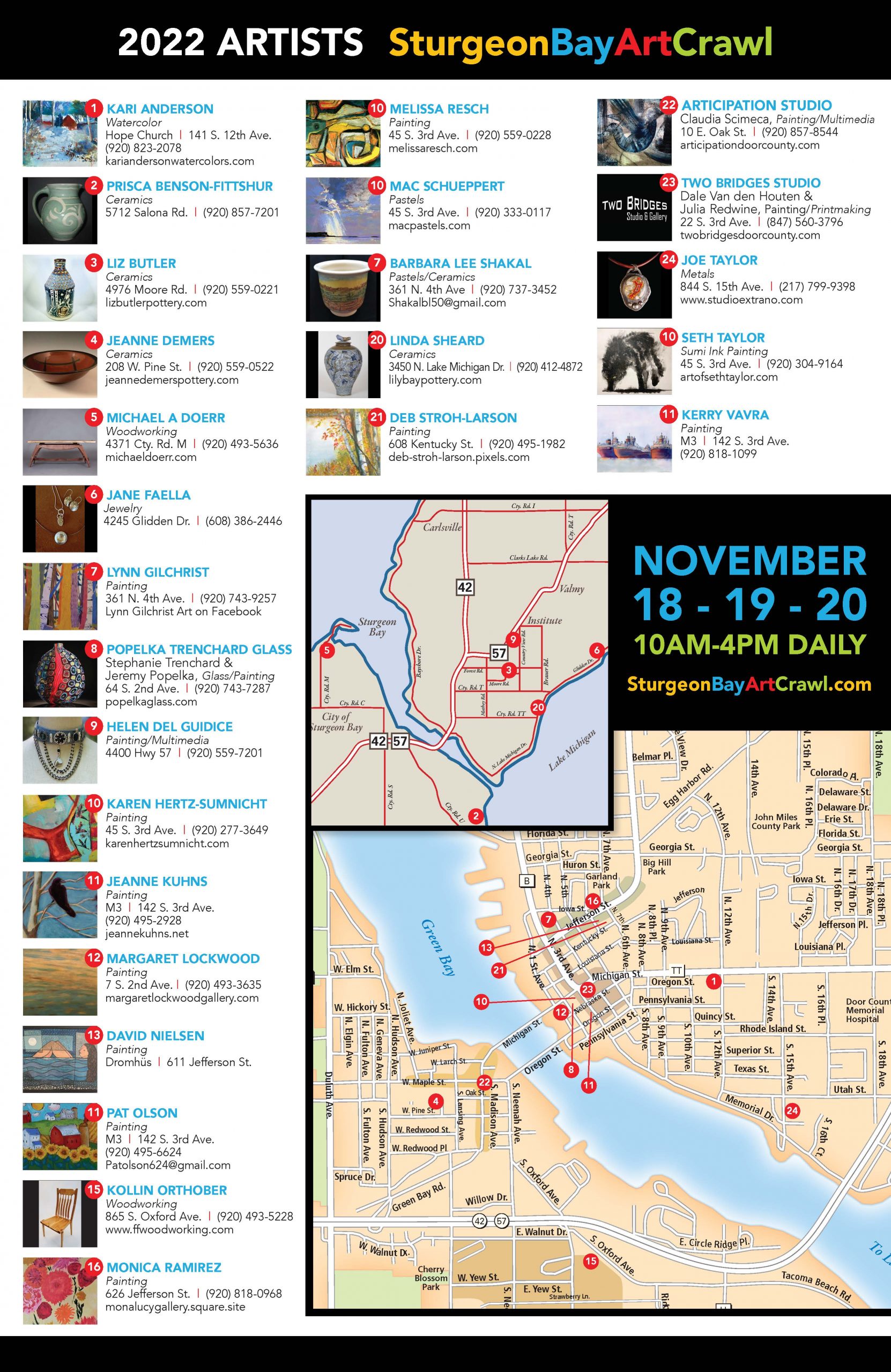 Sturgeon Bay Art Crawl 22 Map of Artists