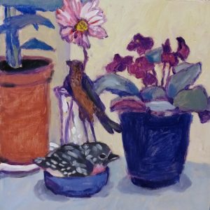 Lynn Gilchrist-Anthurium, Gerbera, Two Birds, _ Violet-acrylic-8x8