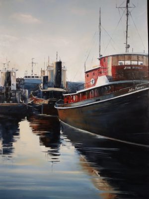 BRIAN PIER-REFLECTIONS OF TUGBOATS=OIL=30_X40_