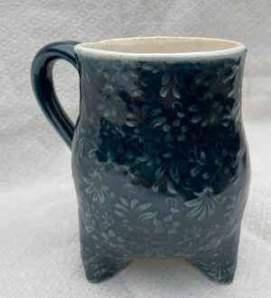 Barbara Lee Shakal-hand built ceramic mug-6 inches high. three footed ceramic