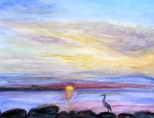 Heron at Sunset 12x10 watercolor