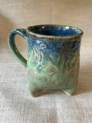 Barbara Lee Shakal, hand built ceramic mug, three footed, 6 inches tall (1) Barbara Lee Shakal, hand built ceramic mug, three footed, 6 inches tall (1)